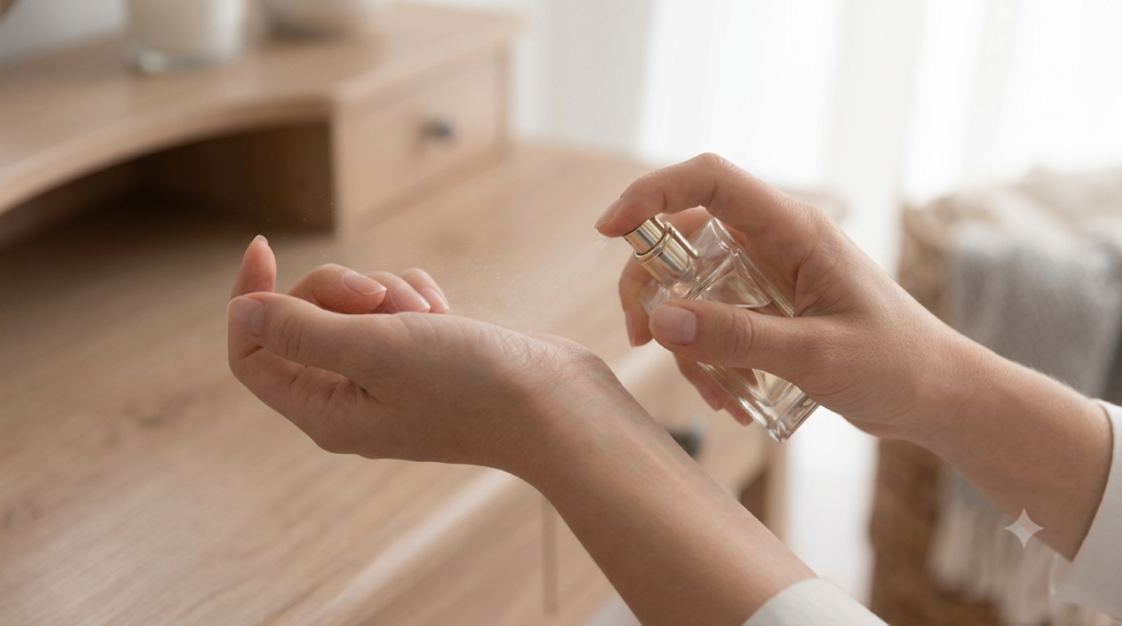 A person spraying perfume on their wrist, illustrating the concept of nose blindness.