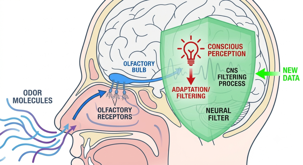 An explanatory diagram showing how odor molecules interact with nasal receptors and the human brain.