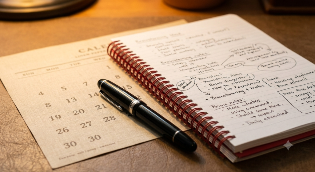 A close-up view of an open red spiral notebook with handwritten brainstorming notes, sitting next to a black fountain pen and a vintage linen-paper wall calendar on a textured desk.