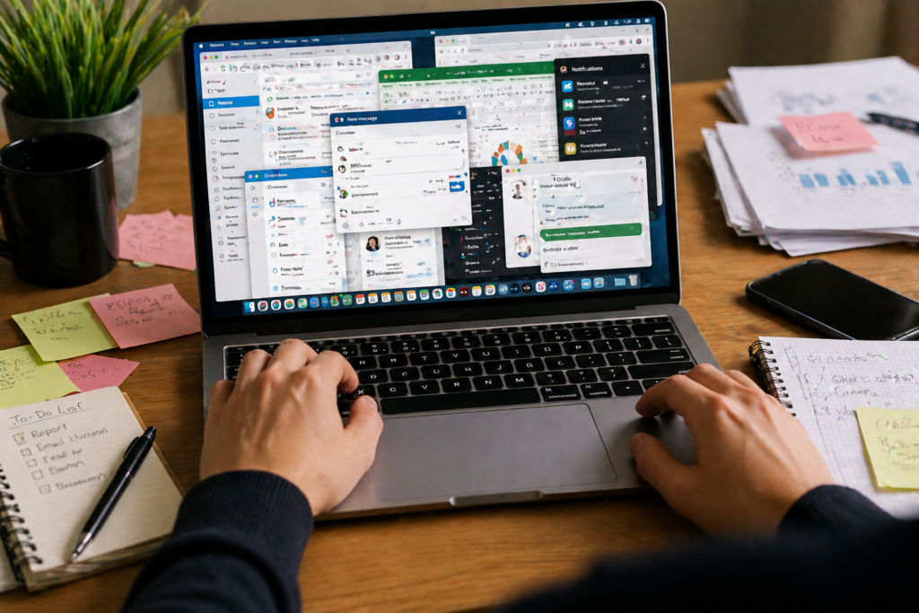 Busy workspace with multitasking chaos