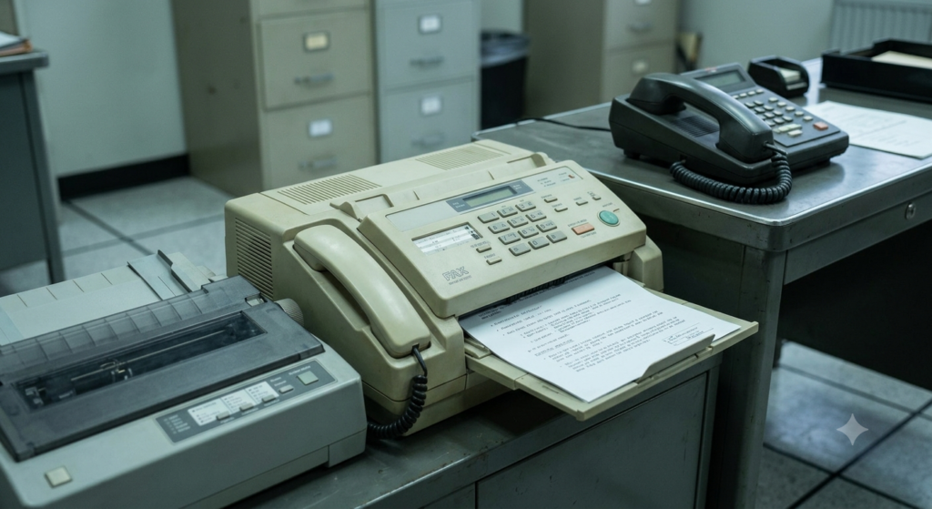 A medium shot inside a retro office environment shows a beige 1980s fax machine actively printing a document, sitting next to a heavy dot-matrix printer and a desk phone with a coiled cord.