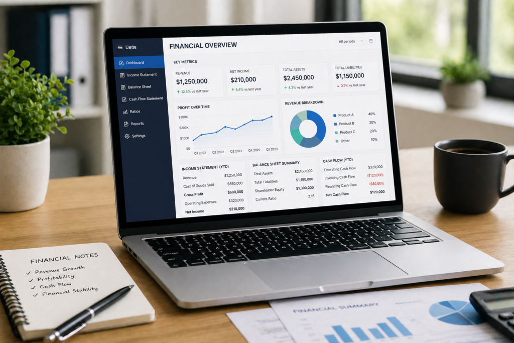 Clean office desk with financial dashboard