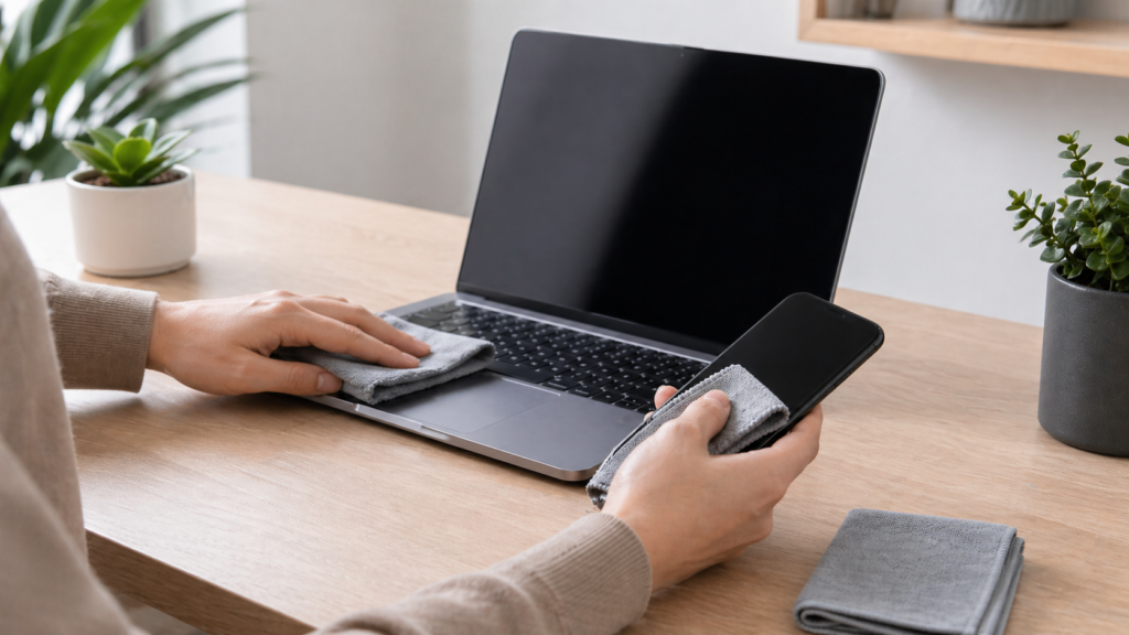 Cleaning devices in a tidy workspace