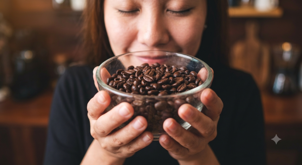 Close-up photo of a person smelling the rich aroma of fresh coffee beans to clear their olfactory baseline.