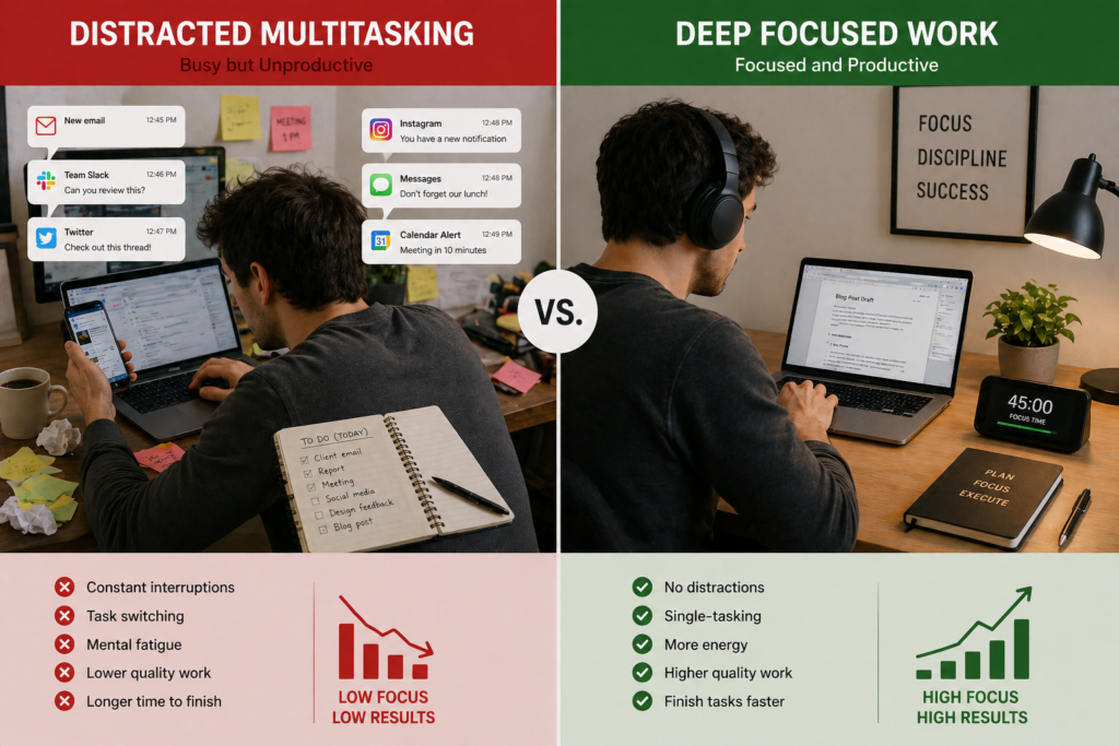 Distracted multitasking vs deep focused work