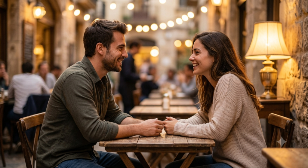 A candid, warmly lit photograph inside a bustling café shows a man and a woman in deep, real-life conversation, smiling genuinely and making eye contact, completely free of technology.