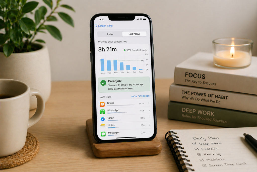 Modern workspace with screen time stats