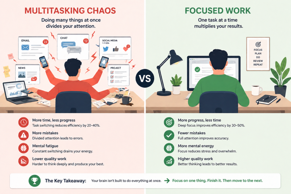 Multitasking vs focused work comparison