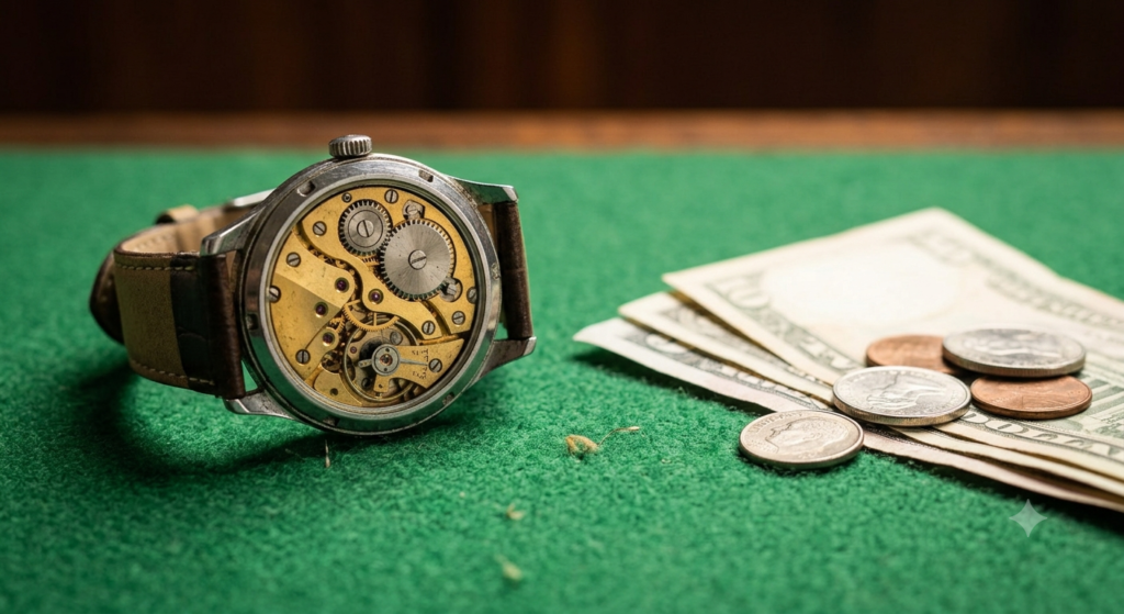 A macro photograph looking down at a detailed mechanical wristwatch showing its intricate internal gears, resting on worn green felt next to a stack of USD currency notes and loose coins.