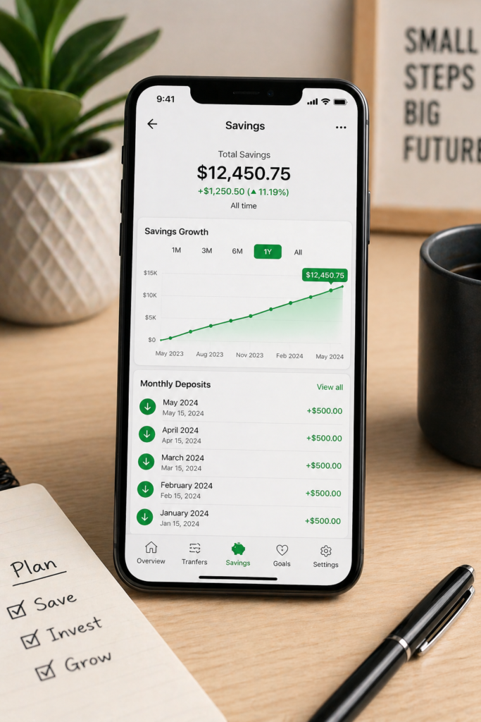 Smartphone on desk with savings app