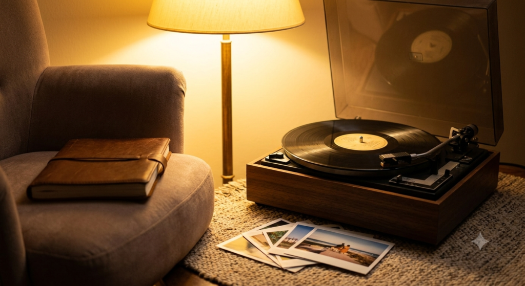 A close-up photograph taken in a warm, relaxed living room shows a vinyl record spinning on a wooden turntable, while an open leather-bound book rests on a plush armchair beside fanned-out printed colour photos.