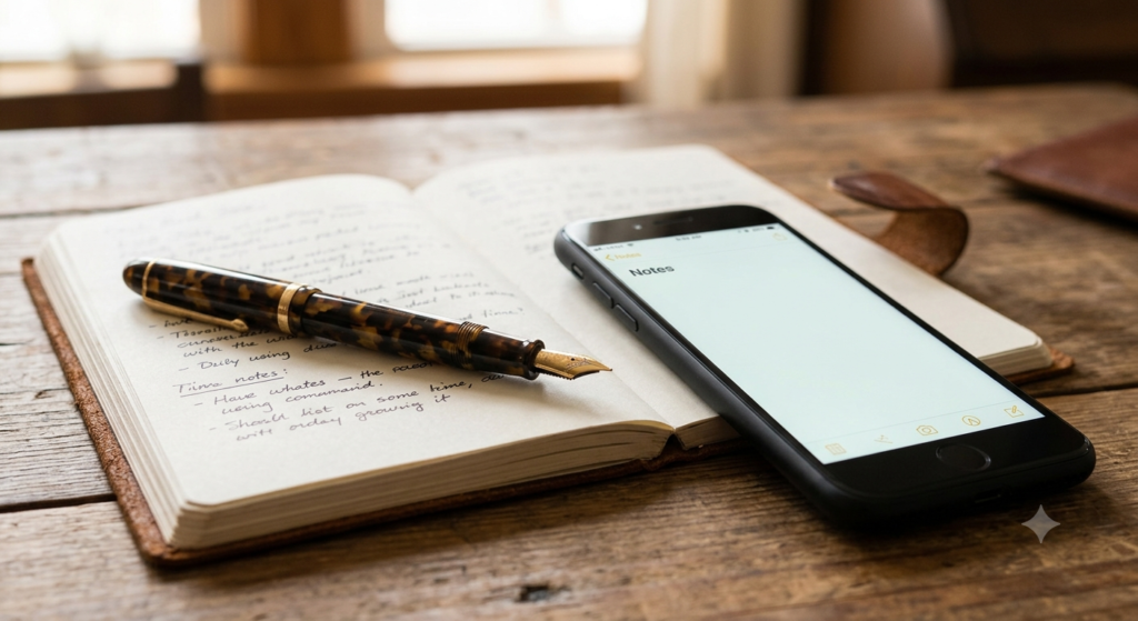 A vintage fountain pen resting on a handwritten leather journal next to a glowing modern smartphone on a rustic wooden desk.
