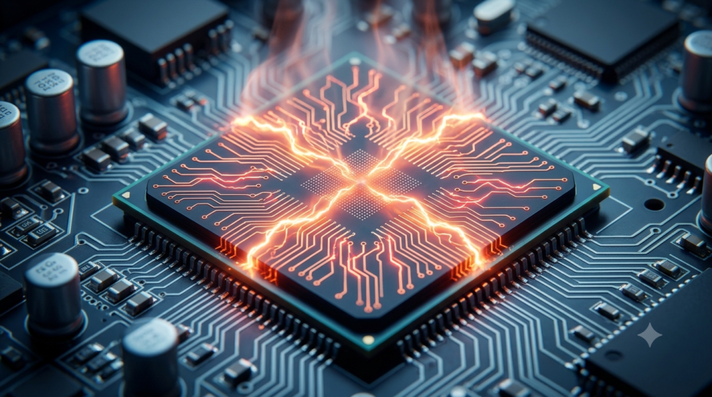 A detailed macro view of a computer CPU chip on a blue-grey circuit board, with glowing orange pathways and lightning-like energy streaks radiating heat.