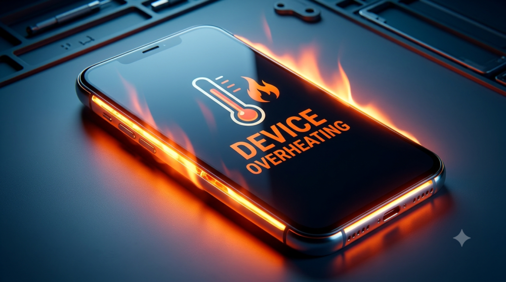 sleek smartphone lying on a dark desk displaying a glowing orange thermometer icon and the text "DEVICE OVERHEATING" on its screen with subtle thermal flame effects rising from its edges.