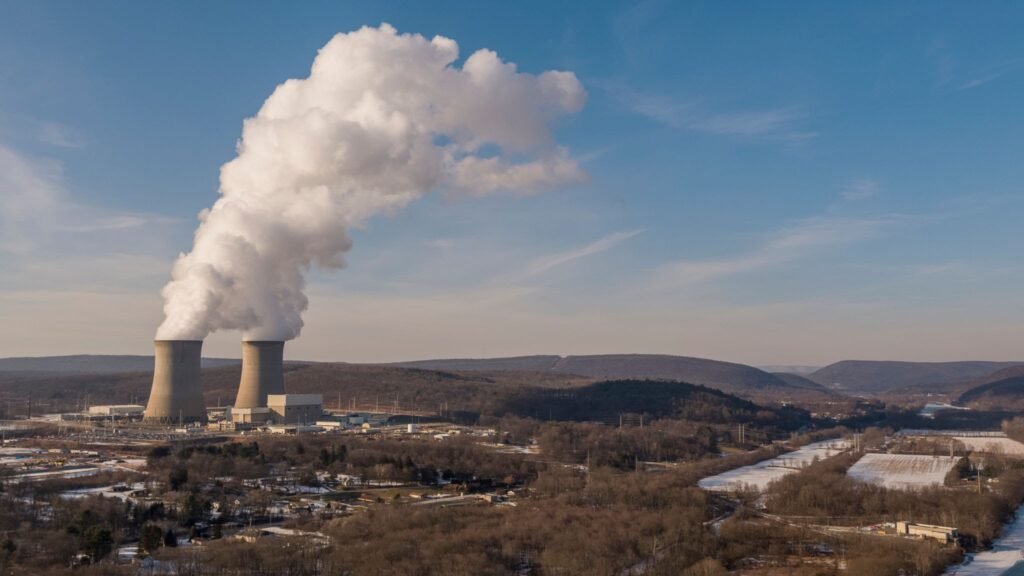 Susquehanna Nuclear Power Station with cooling towers emitting steam along the Susquehanna River