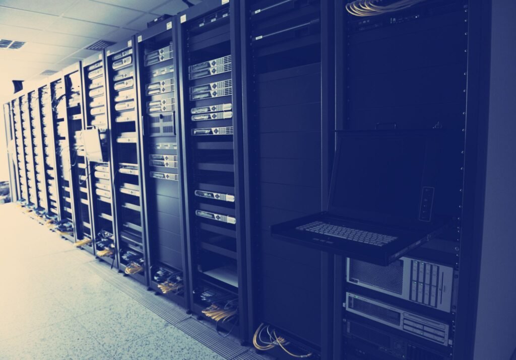 ai-data-servers-common-crawl Rows of internet data servers indexing web pages for AI language model training