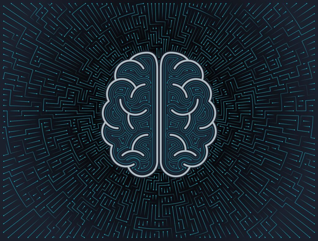 Abstract digital brain made of glowing neural network lines on a dark background.
