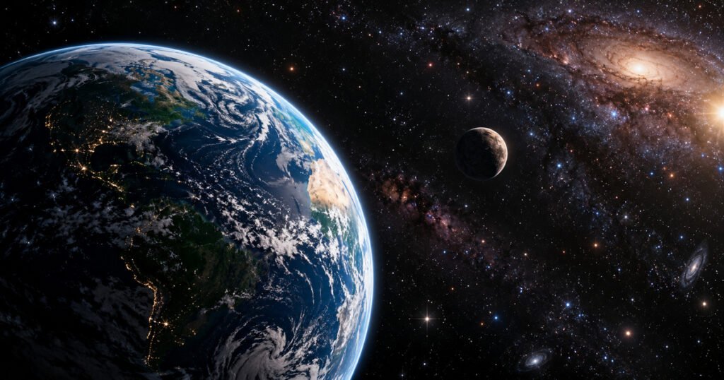 Earth seen from space with a smaller rocky planet and distant galaxies against a vast star-filled background.