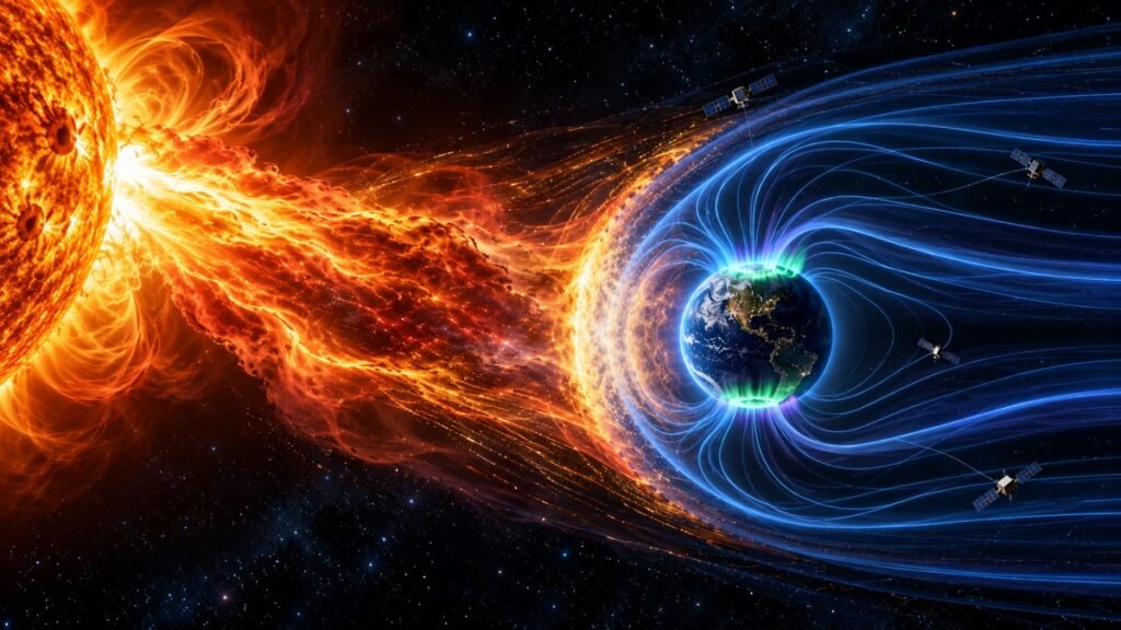 A coronal mass ejection from the Sun colliding with Earth's blue magnetic field while auroras glow around the poles.