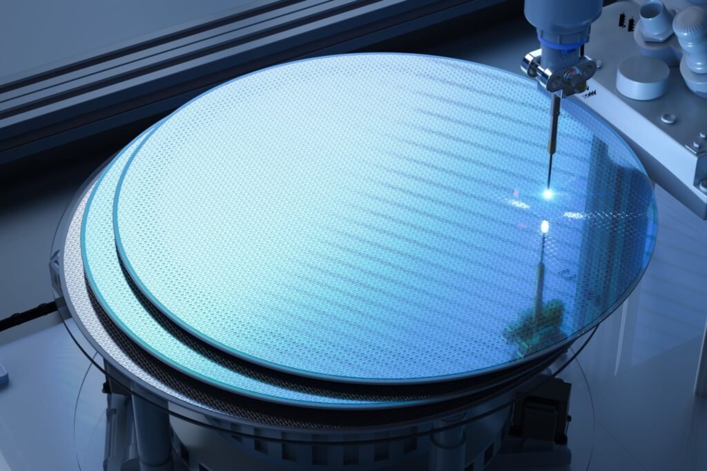 Robotic arm processing a circular blue silicon wafer inside a cleanroom environment.