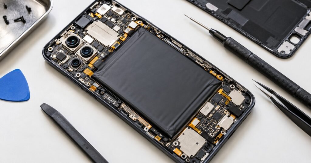 Opened modern smartphone showing a large lithium-ion battery surrounded by tightly packed internal components.
