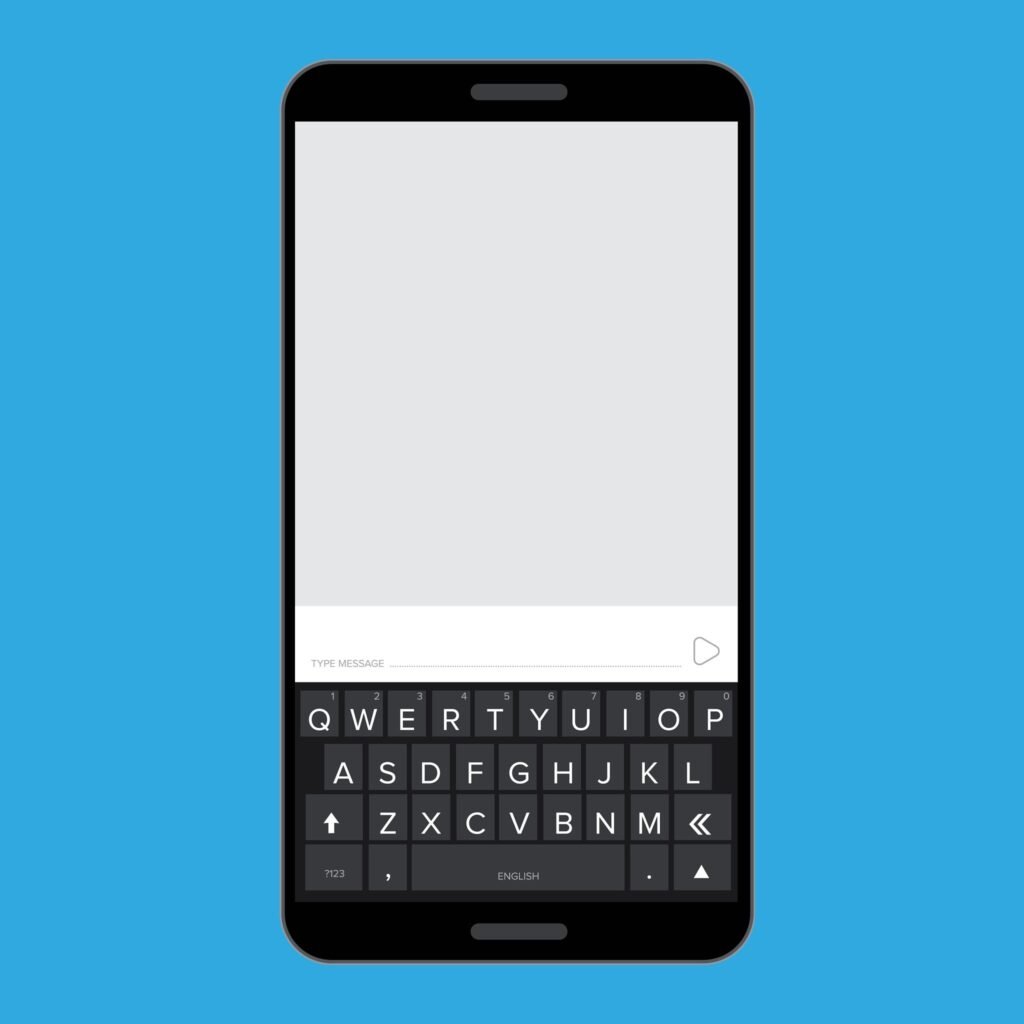 Flat vector illustration of a smartphone screen showing a dark digital keyboard with a blank text input field above it.