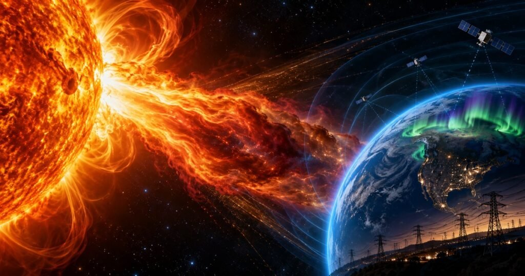 A huge solar eruption travelling from the Sun towards Earth with satellites, auroras and power transmission lines visible.