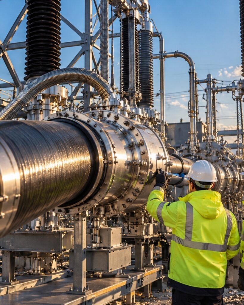 Engineers inspecting a large superconducting power cable connection and specialised equipment inside an electrical substation.